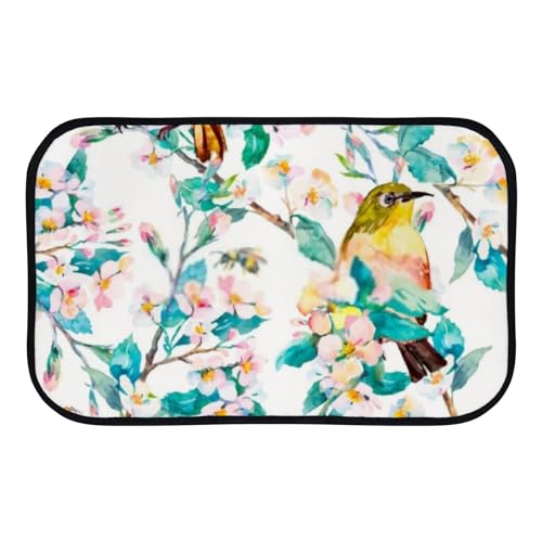 QAZPL Nuansexi Bathroom Rugs Spring Flowers Birds Pattern Floor Mats Non Slip Bathmat Doormat Tub Mat Coral Velvet Absorbent Entrance Carpet Mats Machine Washable Bedroom Decor, 36x24in