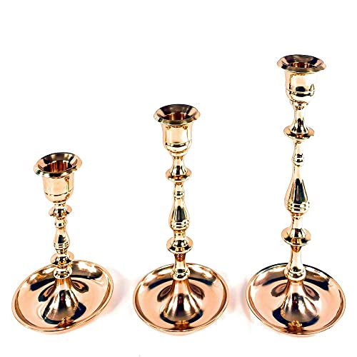 3SCompany Exquisite Set of 3 Traditional Brass Candle Holders - Polished Gold Finish, Sturdy and Elegant Design, Perfect for 7/8