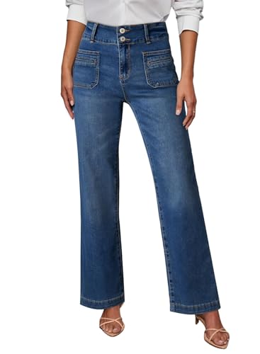 Sidefeel Women's Wide Leg Jeans High Waisted Tummy Control Stretchy Pockets Front Straight Leg Jeans