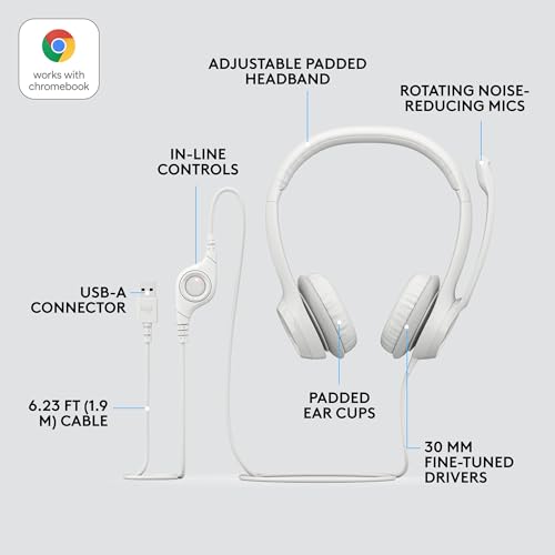 Headset com fio USB Logitech H390 com Almofadas Confortáveis, Controles de Áudio Integrado e Microfo