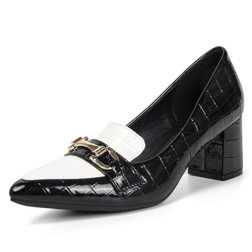 Two Tone Dressy Slip On Loafer Heels for Women Pointed Closed Toe Low Chunky Block Heeled Loafers Pumps Women's Comfort Work Business Black Formal Shoes with Metal Chains