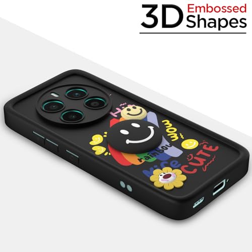 Image of Pikkme Back Cover for Realme 12 Plus 5G / P1 5G / Narzo 70 5G / 70 Pro 5G | Soft Silicone| Cute Rainbow Smile & 3D Cartoon Flower Design | Shockproof Raised Camera Protection Bumper Case (Black)
