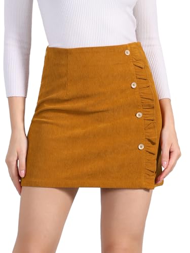Allegra K Women's Corduroy Vintage Button Decor Ruffled Trim High Waist Short Skirt