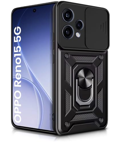 Image of WOW IMAGINE Tough Armor Bumper Mobile Back Case for Oppo Reno 15 5G | Sliding Camera Cover | Shock Proof 360 Protection | Hybrid PC + TPU | Ring Holder with Kickstand - Black