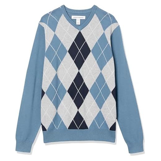 Golf Sweaters - Soft And Warm Golf Sweaters For Layering | Golf Accessories Amazon Essentials Men's V-Neck Sweater (Available in Big & Tall), Blue Argyle, Large
