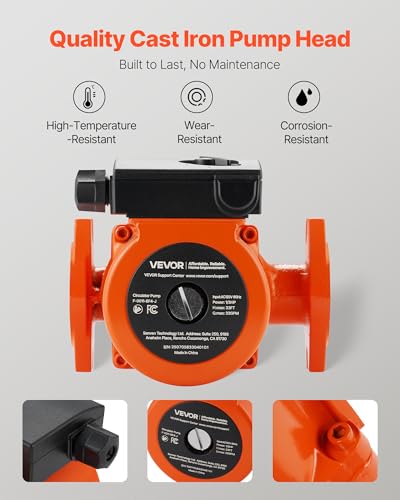 Image of VEVOR F-0011-BF4-J Cast Iron Circulator Pump, 33 GPM, AC 120V 33 ft Hot Water Recirculating Circulation Pump, 1-1 /4 in Flange Connection, 3-Speed Adjustment, Quiet Operation, for Home Heating System