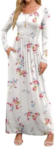 DEARCASE Women's Maxi Dress Long Sleeve Crewneck Loose Plain Casual Empire Waist Fall Party Long Dresses with Pockets