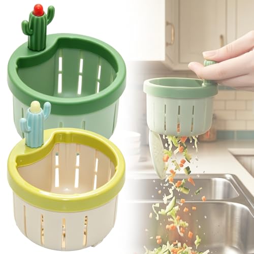 Cactus Sink Strainer Basket 2026 Upgrade Press Automatic Dumping Fine Mesh Food Catcher Anti-Clogging Kitchen Drainer with Lifting Handle Fun Waste Collector for Home Bathroom (Green+Yellow 2pcs)