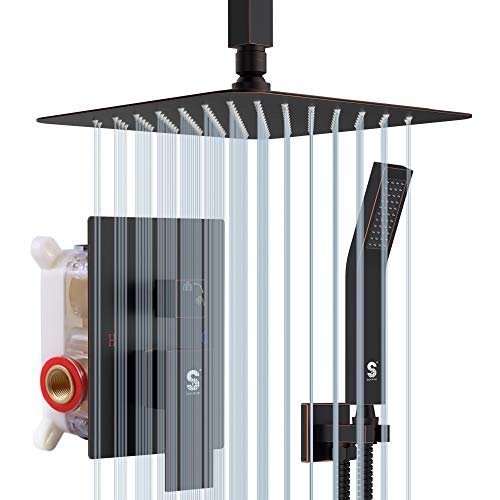 SR SUN RISE 12 Inch Oil Rubbed Bronze Shower System Brass Bathroom Luxury Rain Mixer Shower Combo Set Ceiling Mounted Rainfall Shower Head System Shower Faucet Rough-In Valve Body and Trim Included