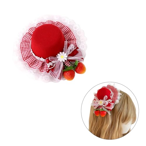 2PCS Delicate Bow Plaids Strawberry Side Clip Top Hat for Sweet Girls Lace Strawberry Bowler Hat3
