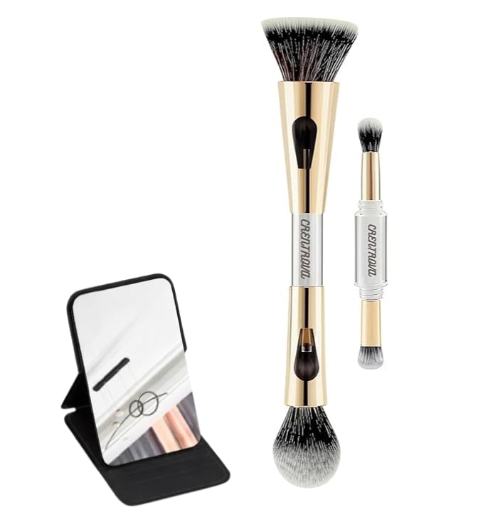 4 in 1 Travel Makeup Brush Set With Foldable Travel Mini Makeup Mirror– Foundation,Powder,Eyeshadow & Flat Brush,Compact Portable Brush Kit with Soft Bristles for Women & Girls (4 in 1 Makeup Brush)