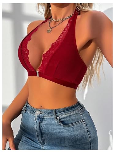 Image of SOLY HUX Bras for Women Halter Lace Front Closure Bra Wireless Deep V Triangle Bralette Solid Burgundy Large