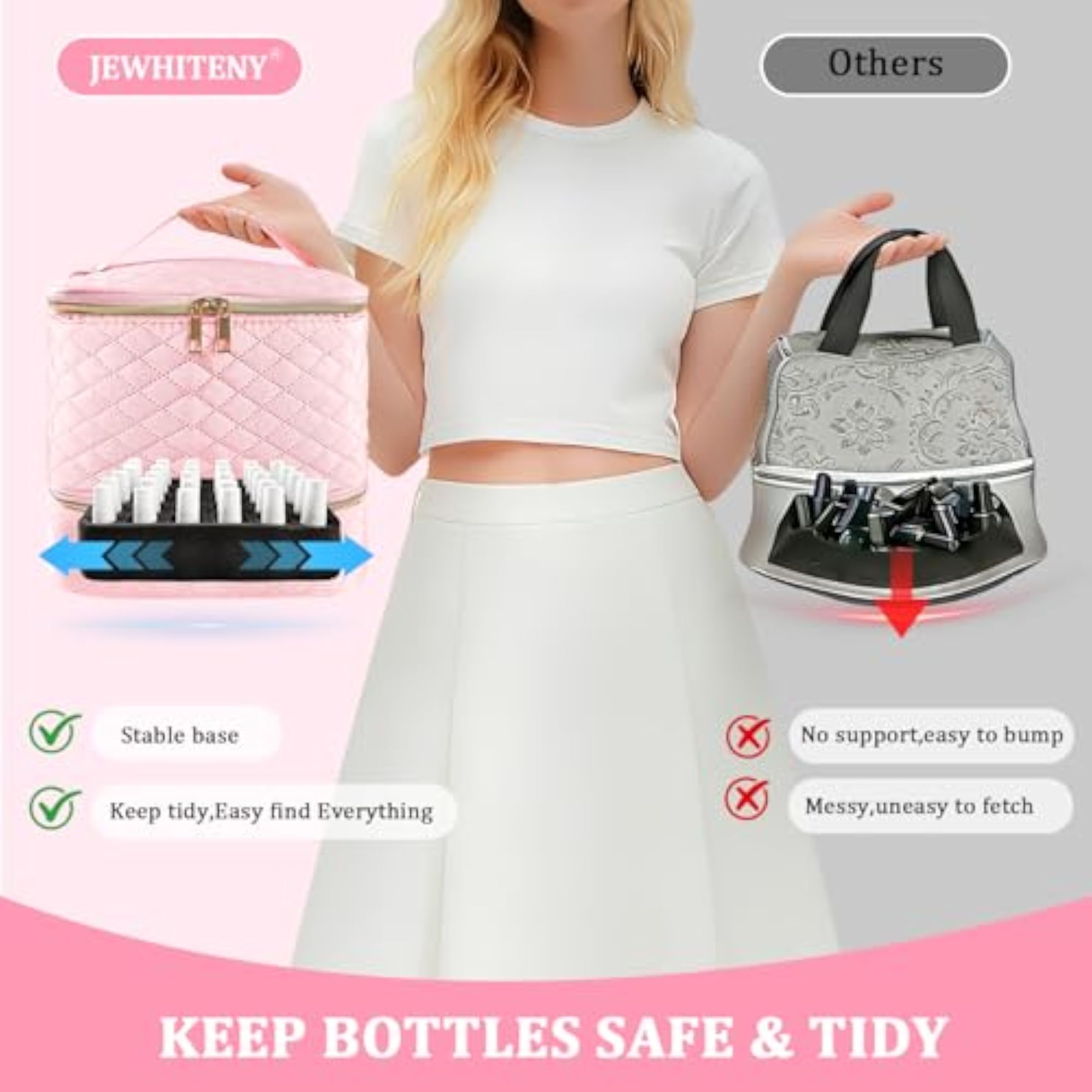 Double-Layer Nail Polish Organizer Bag Holds 30 Bottles, Pink