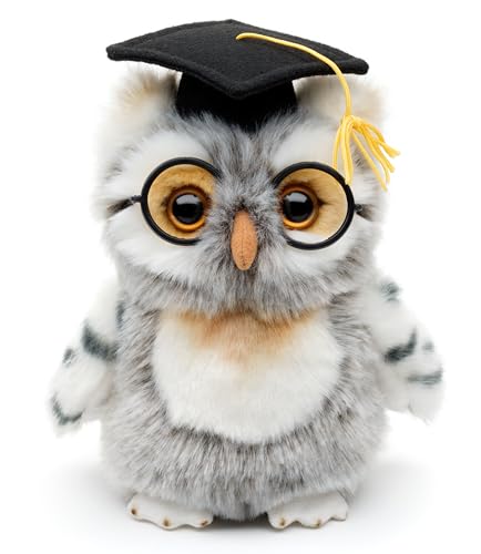 Uni-Toys - Eule (grau-weiß) mit Doktorhut und Brille - 18 cm (Höhe) - Plüsch-Vogel - Plüschtier, Kuscheltier