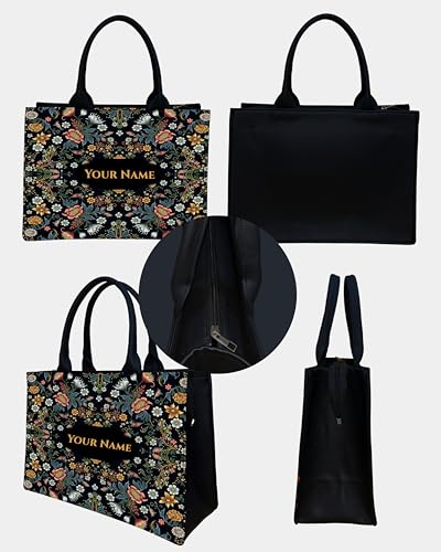 Image of Royal Charm Voguish Customized Tote Bag | HD Printed Floral Black Tote | Personalized Name Tote | Large 16x11x5 Inch Shoulder Bag | Gift for Women