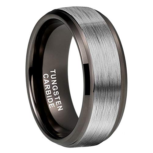iTungsten 8mm Gunmetal Tungsten Rings for Women Men Wedding Bands Two Tones Stepped Beveled Edges Silver Matte Top Comfort Fit