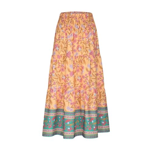 Boho Hawaiian Ruched High Cut Beach Skirts for Women Color Block Flower Maxi Long Loose Fit Skort Women 20254