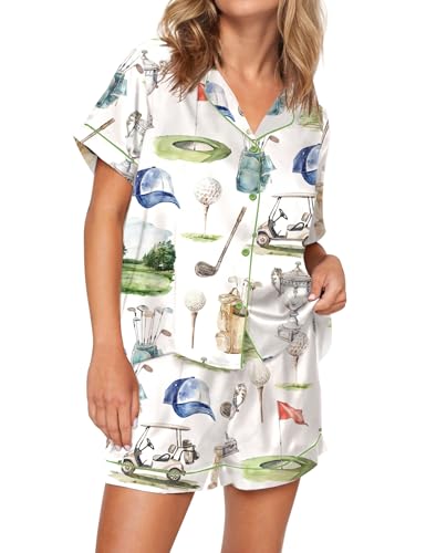 Image of SHESHOW Pajamas for Women Set Satin Button Down Short Sleeve Top and Shorts Pjs Sets Sport Ball Print Sleepwear XS-XXL