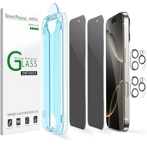 Image of amFilm OneTouch for iPhone 16 Pro privacy Screen Protector 6.3'' 2024 | 30s Auto-Alignment, Bubble Free, Tempered Glass, 28 Anti Spy, Shatterproof, Camera Lens Protector 2+2 Pack (16P-6.3'')