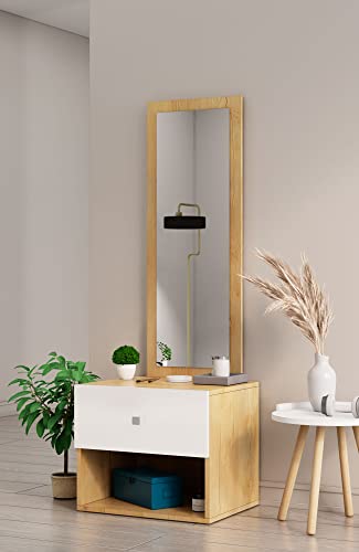 Image of Bniture Wooden Dressing Table for Bedroom with 1 Drawer, Mirror and Huge Storage Space | Long Dresser Vanity Table with Mirror (42D x 60W x 180H CM) (Giant Wood & Frosty White, HXDR105)