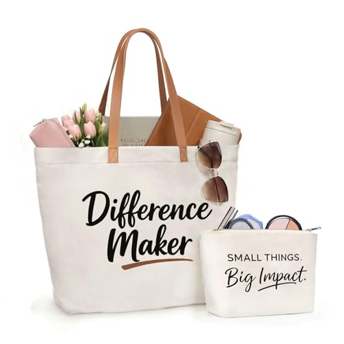 Image of ELEGANTPARK Appreciation Gifts for Women, Difference Maker Canvas Tote Set | Large zip-top tote with interior zip pocket for coworker, employee, volunteer, mentor, office assistant and farewell gifts