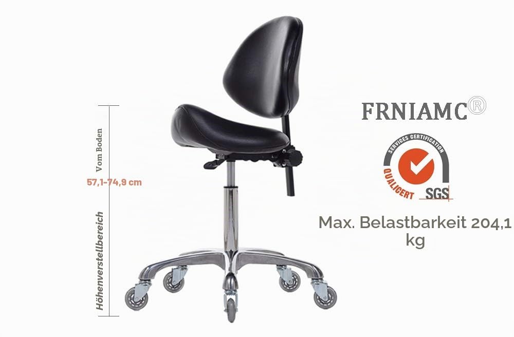 Hydraulischer Sattelhocker mit Rückenstütze, ergonomisch, höhenverstellbar, robust (204 kg) für Schönheitssalon, Massage, Klinik, Haus und Büro