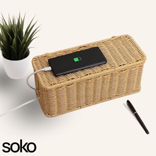 Image of Soko Woven Faux Rattan Cable Management Box| Cord Hider with Lid, 2 Open Slots Surge Protector | Power Strips, Router, TV, Gadget Wires Organizer Tray for Desktop, Table-Home, Office (Large) Natural