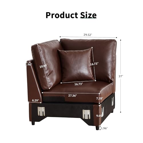 Image of RARZOE Modular Sectional Couch Corner Seat Module, Faux Leather Armless Corner Seat, Modular Sectional Sofa Module for Living Room Home Theater,Brown