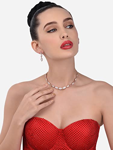 Image of Ami Rose Gold Dazzling Cubic Zirconia Designer Contemporary Necklace & Earring Set For Women-ZPFK20055