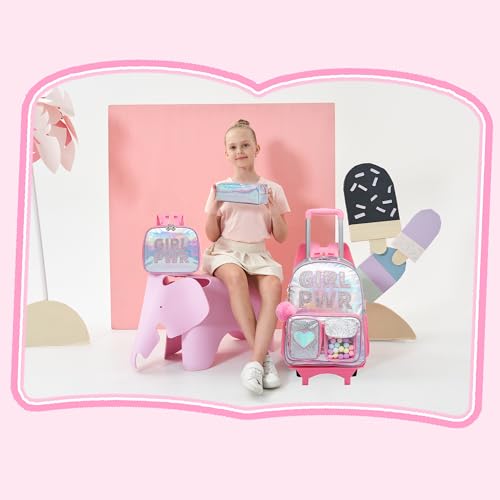 Image of HTgroce Rolling Backpack with Wheel,School Backpack for Kids Girl Roller Schoolbag Wheeled Backpacks Set Carry-on Luggage,Pink