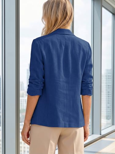 Image of Mina Self 2026 Summer Women's Linen Blazer Jacket - Lightweight Breathable 3 /4 Stretchy Ruched Sleeve Casual Work with Pocket