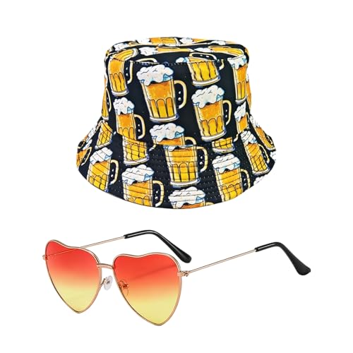 RgitFzi 2 Stück Mallorca Party Outfit Set Fischerhut mit Bier-Motiv & Herz Sonnenbrille Malle Accessoires für Festival Hut Malle Outfit Damen & Festival Outfit Herren Lustige Hüte Schwarz