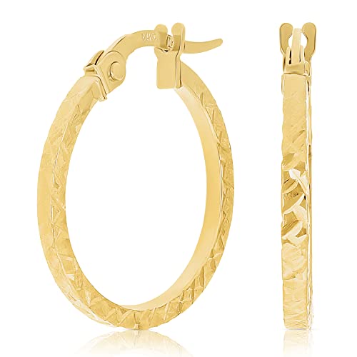 Italian 14k Yellow Gold Diamond Cut Small Hollow Square Hoop Earrings