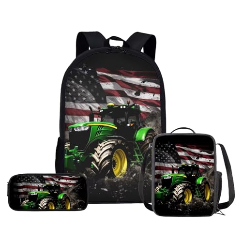 ZPINXIGN American Flag Tractor Backpack for Boys with Lunch Box Set - Kindergarten to Elementary School Kids 3Pcs Back to School Set, Age 5-8