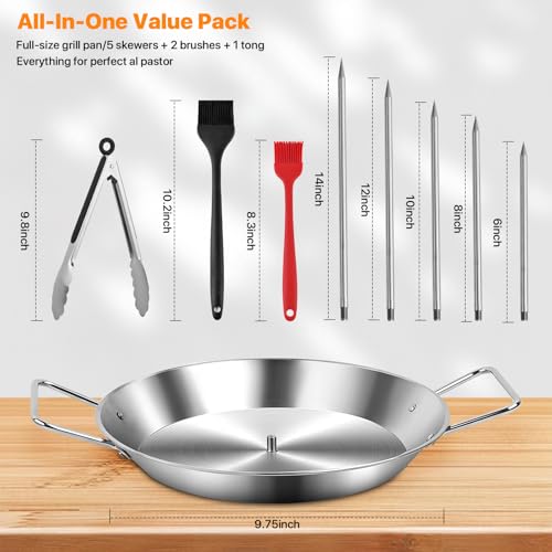 Stainless Steel Shawarma Pan for Oven & Grill - Vertical Skewer with Gyro Plate & 5 Spikes (6"-14") in Middle - Al Pastor Rotisserie for Tacos, Chicken, Pork - Gyro Cooking Pan, Roasting Skewer Stand.