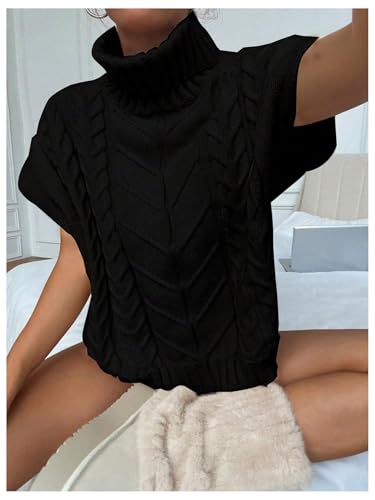 MakeMeChic Women's Turtleneck Cable Knit Sweater Vest Tops Short Sleeve Pullover Top3