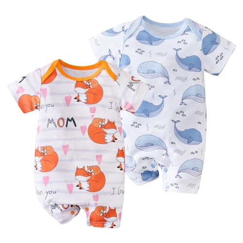 Image of RELABTABY 2-Pack Baby Boys Girls Romper Newborn Animal Print Short Sleeve Onesie Summer Clothes