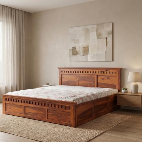 Sheesham Wood King Size Kuber Bed with Box Storage for Bedroom Living Room Home Hotel Wooden Double Bed Cot Palang Furniture (Honey Finish)|1 Year Warranty