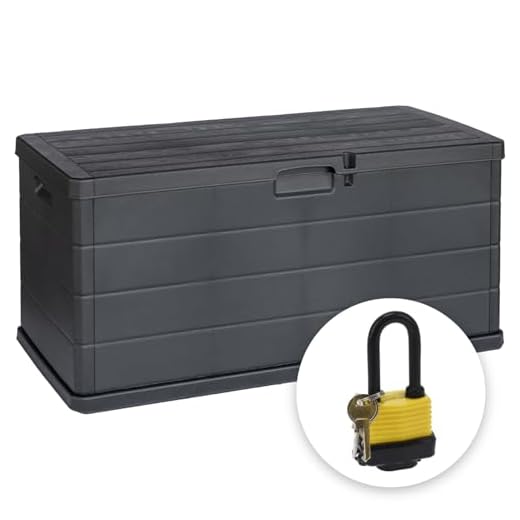 idooka Plastic Garden Storage Box - Large 340L Capacity - Dark Grey Faux Wood Panelling Design - Weatherproof Outdoor Storage Box for Patio Cushions, Tools, Toys, and Other Garden Accessories
