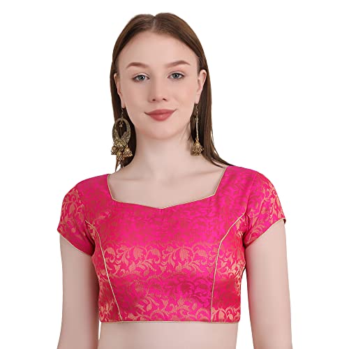 Image of Women's Short Sleeve Brocade (Chanderi) Readymade Stitched Saree Blouse Ready to Wear Half Sleeves Ladies Blouse