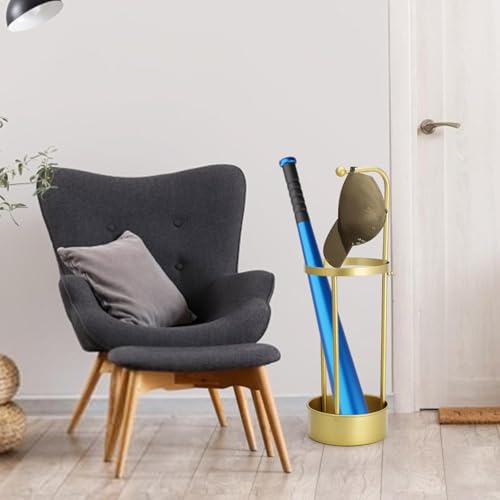Image of Metal Umbrella Stand with Drip Tray, Gold, Round, Removable Hook, 68cm Height, 20cm Diameter