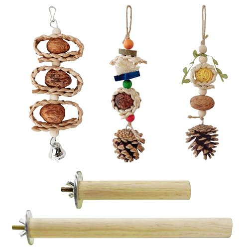 Allazone 5 Pz Juguetes para Pájaros, Juguete para Masticar Loros de Pájaros, Perchas para Pájaros, Madera de Salvaje para Jaulas de Pájaros para Cacatúas, Periquitos y Pinzones
