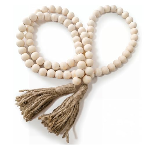 Farmhouse Beads 58in Wood Bead Boho Tassel Garland - Rustic Country Boho Chic Decor for Wall, Above Cabinet & Table