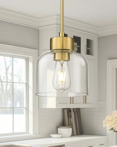 Image of 2-Pack 7 inch Brushed Gold Pendant Lights Kitchen Island, Clear Glass | Modern Brass Hanging Light Fixture Over Island for Dining Room, Adjustable Height, E26 Base, AD-24024-1P2-GD