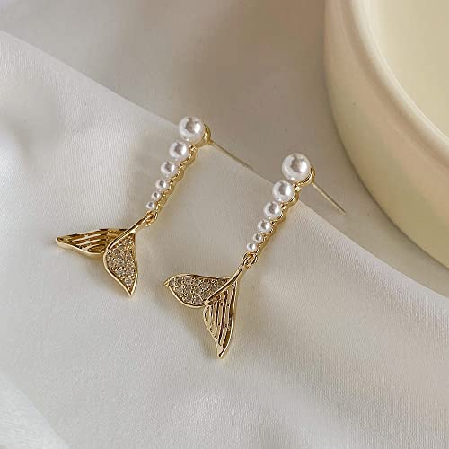 Pearl Mermaid Tail Dangle Stud Earrings for Women Girls 925 Sterling Silver Cubic Zirconia Shell Pearls Drop Ocean Fishtail Charms Dangling Dainty Cute Christmas Birthday Valentines Jewelry Gifts4