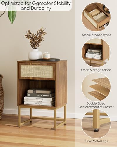 Image of Masupu Rattan Nightstand,Modern Night Stand Boho Farmhouse Wood Bedside Table with Storage Drawer Side End Table for Bedroom, Office,Walnut Brown