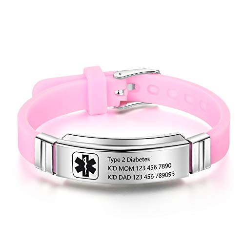 Preisvergleich Produktbild Personalisierte Armband Silikon Medizinische Armbänder Einstellbare Sport Notfall ID Armbänder Kostenlose Gravur 9 Zoll Wasserdichte ID Alarm Armbänder für Männer Frauen Mädchen (Pink)
