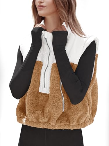 Tankaneo Womens Cropped Vests Outerwear Color Block Half Zipper Fleece Sherpa Sleeveless Winter Coats Jackets with Pockets2
