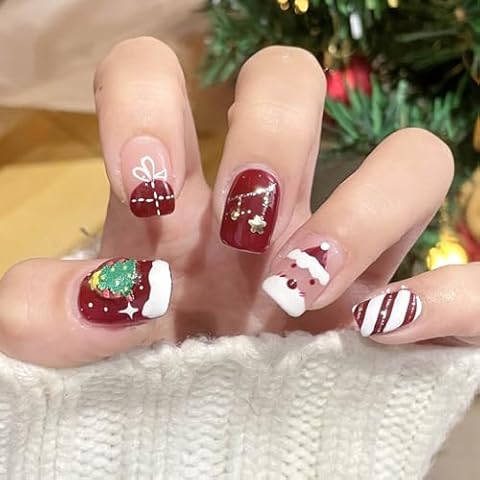Vatocu Christmas Short Red Nude Fake Nails Cover
