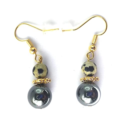 Paire de Boucles d'Oreilles en Pierres Véritables avec Hématite et Jade vert. Montage Plaqué Or, Fermeture avec Crochets Américains et Fermoirs Silicone Offerts (JASPE DALMATIEN) thumbnail